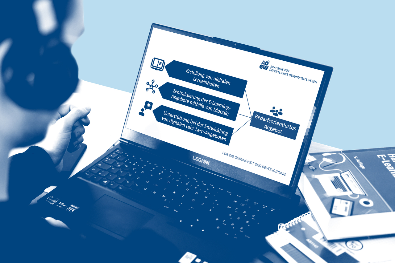 E-LEARNING © AÖGW Ein blau getöntes Foto einer Person mit Kopfhörern, die an einem Laptop arbeitet. Auf dem Bildschirm ist eine Grafik der „Akademie für Öffentliches Gesundheitswesen“ (AÖGW) zu sehen, die drei Kernbereiche für ein bedarfsorientiertes E-Learning-Angebot zeigt: Erstellung digitaler Lerneinheiten, Zentralisierung über Moodle und Unterstützung bei der Entwicklung von Lehr-Lern-Angeboten.