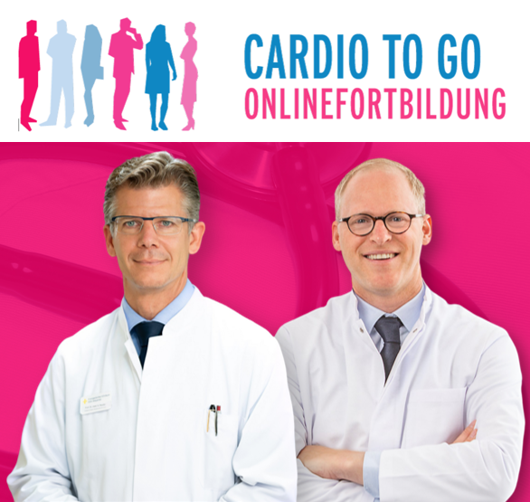 Cardio To Go Ein Werbebanner für die Onlinefortbildung "Cardio to go". Es zeigt zwei lächelnde männliche Ärzte in weißen Kitteln vor einem pinkfarbenen Hintergrund mit einem Stethoskop-Muster. Oben sind der Text und Silhouetten von Personen zu sehen.