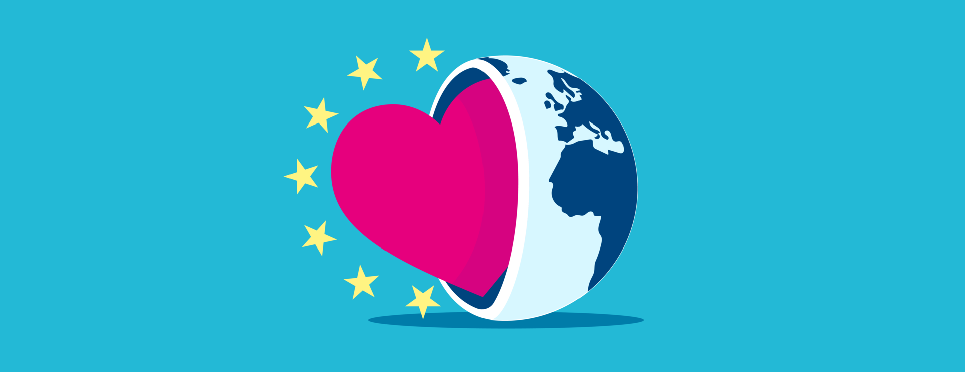 E-Learning zum Europäischen Gesundheitsdatenraum (EHDS) Grafik auf türkisblauem Hintergrund: Ein großes, pinkes Herz ragt aus einer geöffneten Erdkugel hervor. Links um das Herz herum sind sechs gelbe Sterne im Halbkreis angeordnet, angelehnt an die Europaflagge.