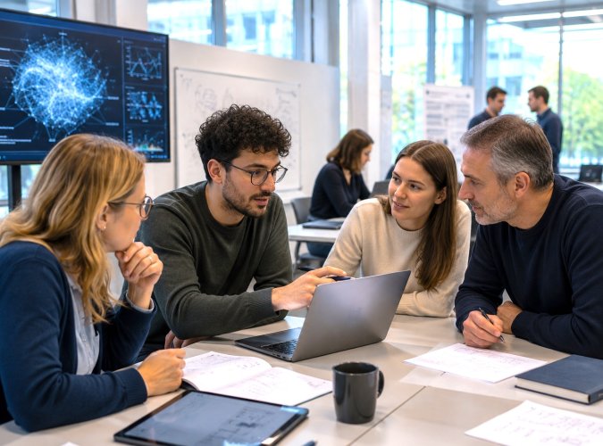 Symbolbild KI-generiert Vier Kollegen, zwei Frauen und zwei Männer, sitzen an einem Tisch im Büro und betrachten konzentriert einen geöffneten Laptop.