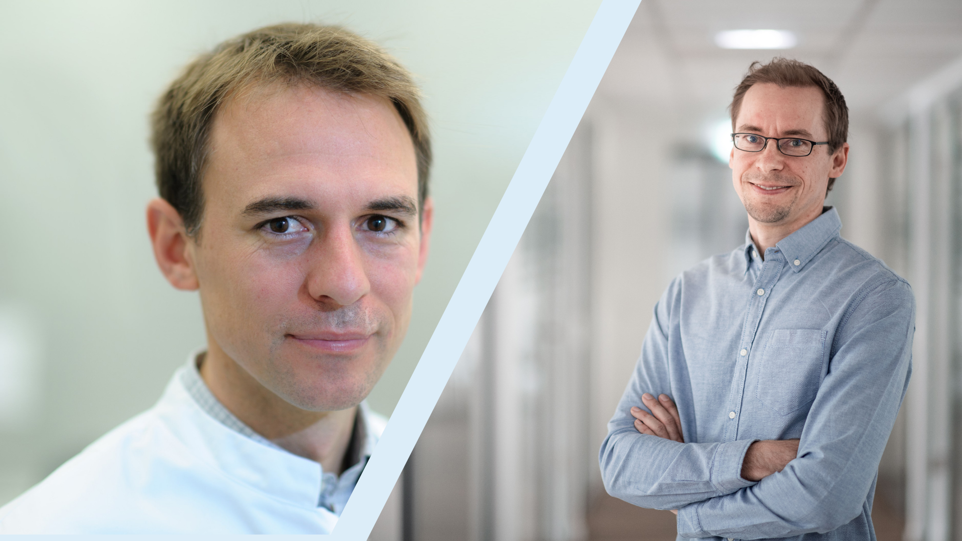 : Ein zweigeteiltes Porträtfoto von zwei Männern in einem professionellen, hellen Umfeld.