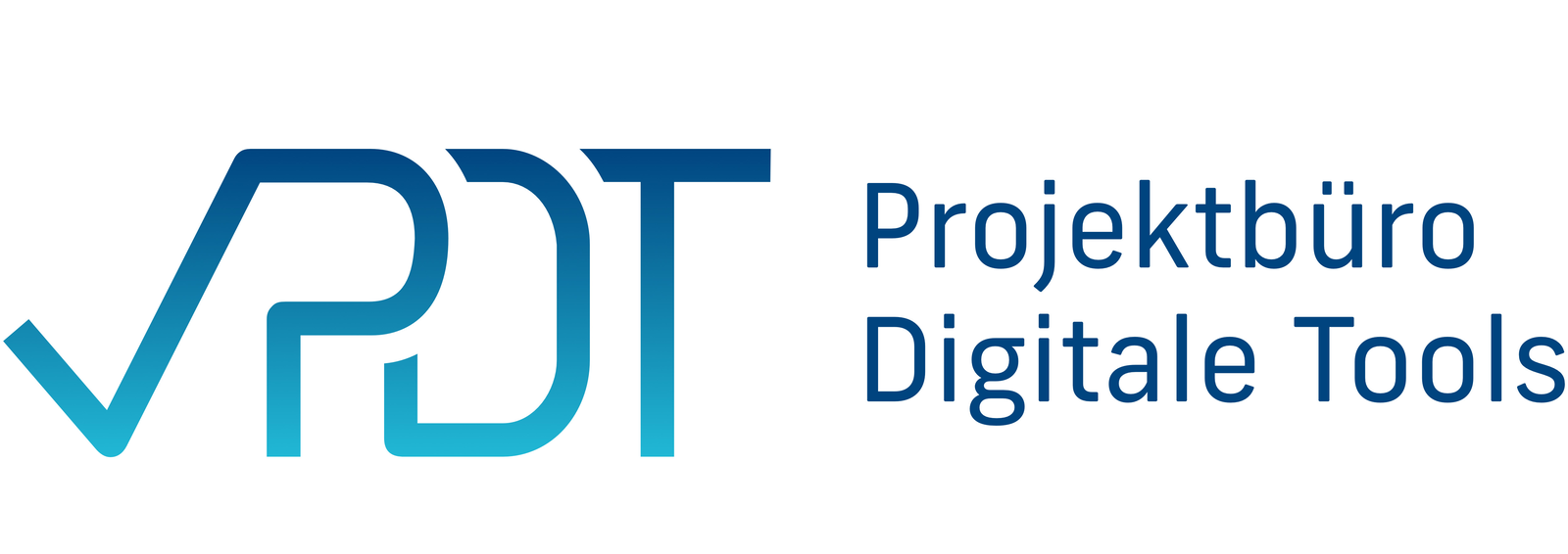 Projektbüro Digitale Tools © AÖGW Logo des „Projektbüro Digitale Tools“: Links stehen die stilisierten Buchstaben PDT in einem Blau-Verlauf, wobei das P in Form eines Häkchens gestaltet ist. Rechts daneben steht zweizeilig der Name „Projektbüro Digitale Tools“ in dunkelblauer Schrift.